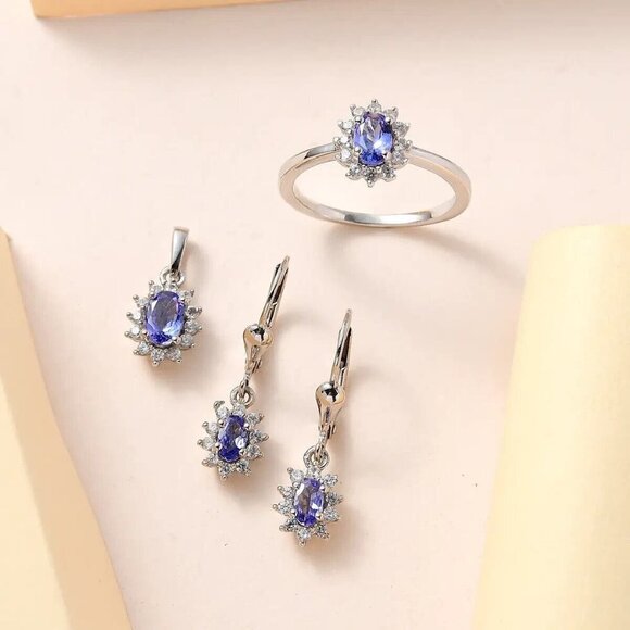 Tanzanite + White Diamond Sunburst Stacking Band | Yellow  Tanzanite Jewelry Set Sunburst Earrings Ring and Pendant Platinum Over Sterling